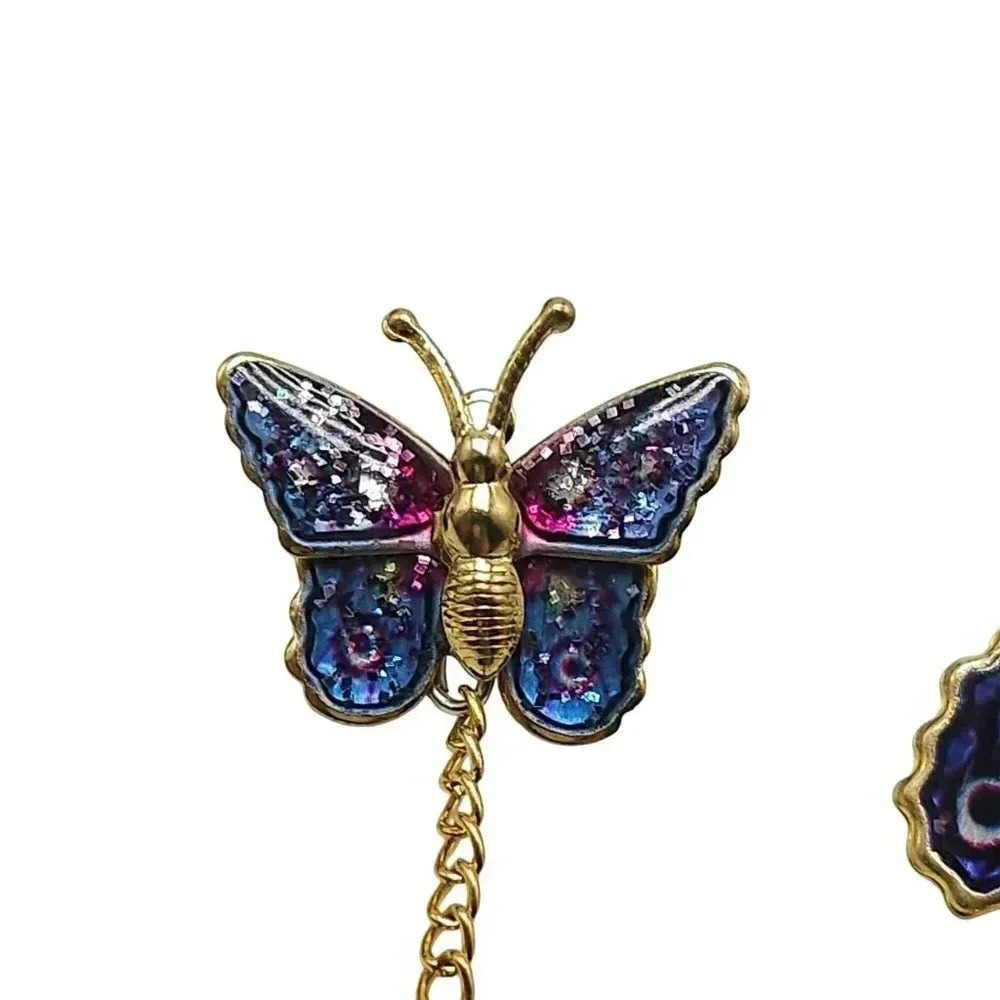 Glitter Enamel Sparkle Butterfly Pair Chain Brooch Pin Gold Tone Vintage - Picture 2 of 5